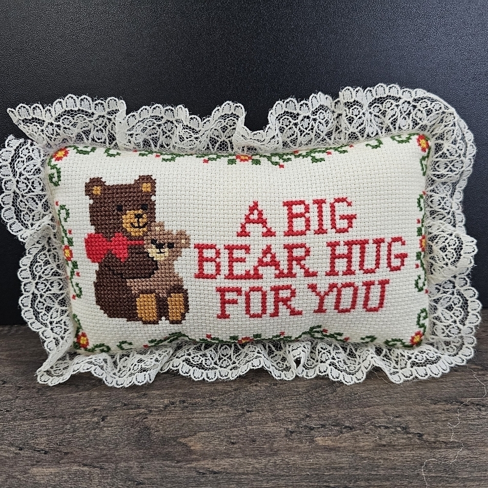 Holiday Vintage Cross Stitched Handcrafted Bear Hug Decorative Pillow